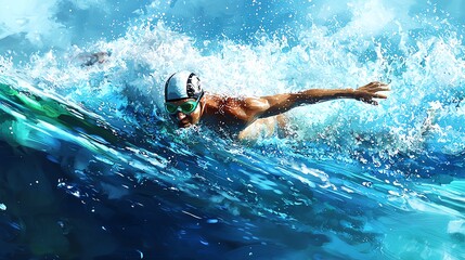 Swimmer gliding through vibrant ocean waves in action.