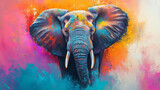 Artystyczny obraz kolorowego słonia, który wyróżnia się na tle pełnym kreatywnych, abstrakcyjnych motywów.