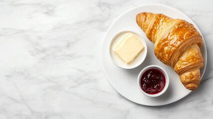 Classic French breakfast with a croissant cafe au lait butter and a small pot of strawberry jam on a marble table 