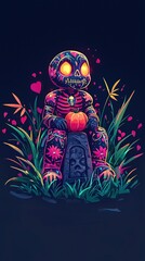 Sticker - Cute Skeleton Holding Pumpkin Sitting on a Grave