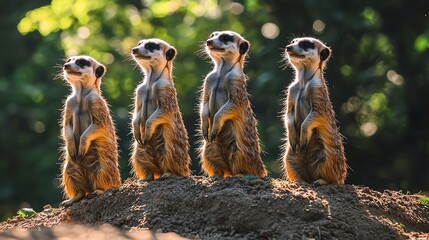 Four meerkats standing on a mound, green background.