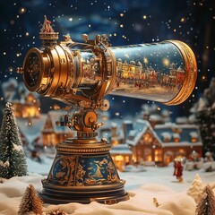 Canvas Print - A vintage telescope with a snowy winter village reflected in its lens, creating a festive holiday scene.