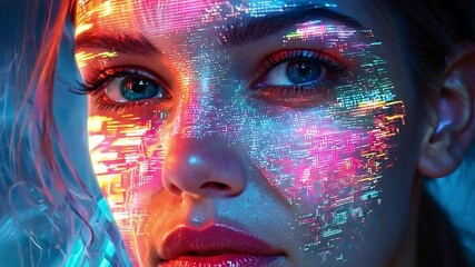 Poster - The young woman showcases striking features illuminated by colorful digital patterns on her face, creating a captivating artistic effect in a studio setting.