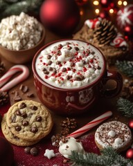 Canvas Print - A warm mug of hot chocolate topped with marshmallows, chocolate chips, and red sprinkles sits among Christmas decorations, cookies, and candy canes.