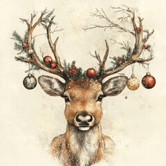 Sticker - A watercolor illustration of a deer's head with Christmas ornaments and greenery on its antlers.