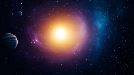 Wall Mural - Cosmic vortex of stars and planets on a gradient from deep purple to sunrise orange 