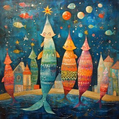 Sticker - A whimsical painting of four fish with festive hats standing in a town by the sea, surrounded by stars and other fish.