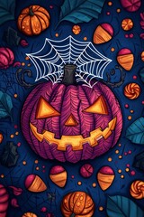 Canvas Print - Cartoon Halloween Pumpkin with Spider Web and Autumn Decorations