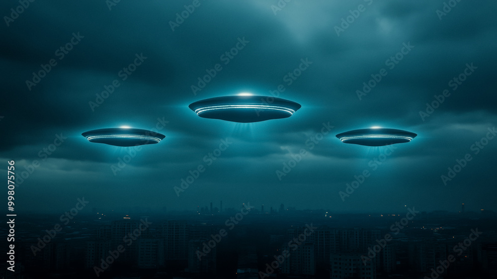 Dark sky with flashing lights and geometric shapes, UFOs hovering near ...