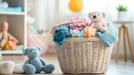 Poster - A wicker laundry basket is filled with vibrant children's clothing and plush toys in a bright, cheerful room with natural light. Generative AI