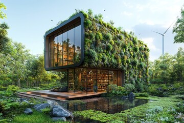 Wall Mural - Modern, sustainable home with a green wall and a pond, nestled in a lush forest, showcasing eco-friendly design and a peaceful atmosphere.