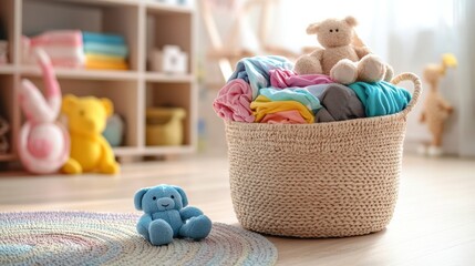 Aufkleber - A laundry basket overflowing with vibrant children's clothing and plush toys brightens a warm, inviting room filled with natural light. Generative AI