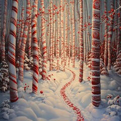 Poster - A whimsical winter forest with candy-striped trees and a snowy path.