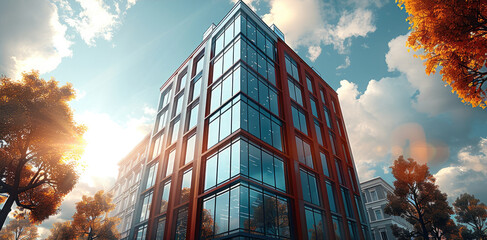 Poster - Front view of a high modern business building. Generative AI.