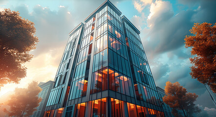 Poster - Front view of a high modern business building. Generative AI.