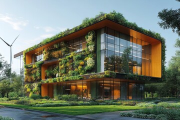 Canvas Print - Modern green building with living wall, glass facade, and wind turbine.