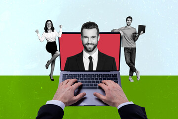 Poster - Composite photo collage of happy business people girl guys freelance company gatherings macbook video call isolated on painted background