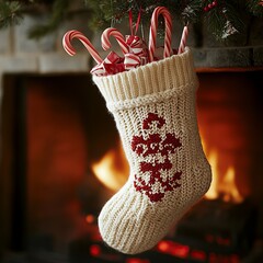 Wall Mural - A white knitted Christmas stocking filled with candy canes and wrapped gifts hangs from a tree branch in front of a fireplace.