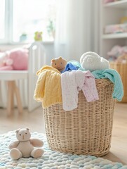 Aufkleber - The woven laundry basket is filled with vibrant children’s clothing and soft toys, brightening the airy room with natural light. Generative AI