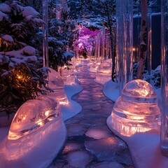 Poster - A winding path illuminated by glowing ice sculptures leads through a snowy forest.