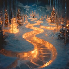 Canvas Print - A winding path of ice illuminated by warm lights, leading through a snowy, festive forest.