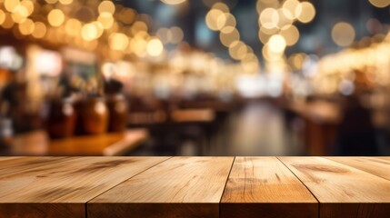 Poster - Wooden Tabletop with Blurred Restaurant Background