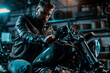 © Nomad_Soul - A daring biker clad in a leather jacket confidently rides a powerful motorcycle. Generative AI