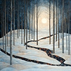 Canvas Print - A winding stream flows through a snowy forest, illuminated by a bright moon.