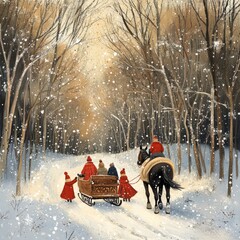 Poster - A winter scene with a horse-drawn sleigh and people in red coats enjoying the snowy landscape.