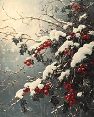 Poster - A winter scene featuring holly branches adorned with snow and bright red berries.