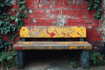 Poster - A weathered yellow wooden bench sits in front of a red brick wall covered in green vines.