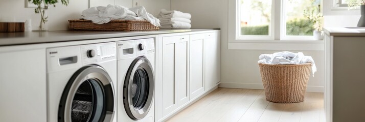Poster - This clean and modern laundry room showcases built-in washing and drying machines, accompanied by a basket of freshly laundered clothes. Generative AI