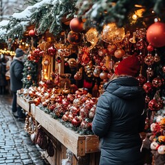 Poster - A woman browses Christmas ornaments at a festive market stall.