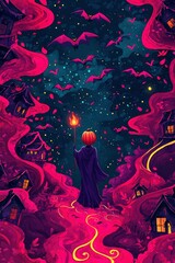 Canvas Print - Pumpkin Head Walking Through a Surreal Halloween Landscape