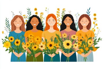 Group of women holding sunflowers symbolizing unity positivity and connection to nature in a vibrant floral inspired design with bright colors and cheerful atmosphere