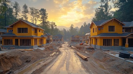 Sticker - A new neighborhood is being built with yellow houses in a valley under construction during a sunset.