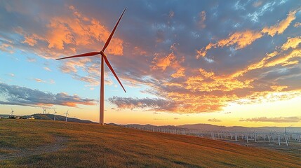 Sticker - A single wind turbine stands tall against a vibrant sunset sky, surrounded by a field of wind turbines on a grassy hillside.