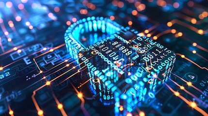 Abstract concept of a digital lock melting into binary code