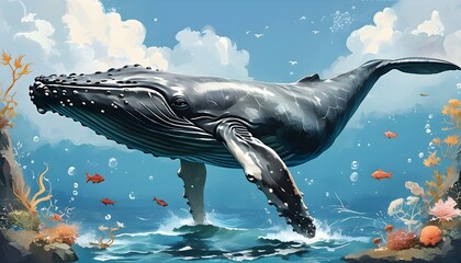 Wall Mural - Whimsical Fantasy Whale Illustration Celebrating World Oceans Day in a Vibrant Underwater Scene