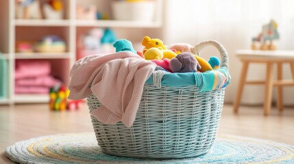 Aufkleber - A laundry basket brimming with vibrant children's apparel and soft toys, set in a sunlit room that creates a warm atmosphere. Generative AI