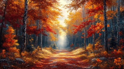 Canvas Print - A path through a vibrant autumn forest with colorful leaves and sunlight streaming through the trees.