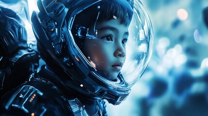 Young Laotian Boy in Space Explorer Suit Embarks on Future Adventure in Futuristic World