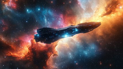 Wall Mural - Massive intergalactic spacecraft drifting through a colorful nebula, bright stars and cosmic dust swirling around 