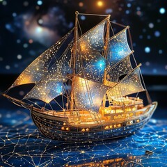 Canvas Print - A wooden sailboat with sails illuminated by twinkling stars, reflecting on a starry sea.