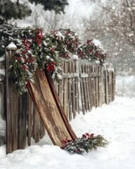 Sticker - A wooden sled leans against a snow-covered fence adorned with evergreen garland and red berries.