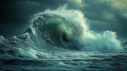 Canvas Print - A large wave crashes in the ocean, creating a dramatic scene with white foam and turquoise water.