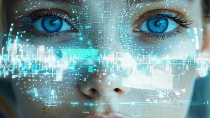 Poster - A woman with bright blue eyes gazes intently, as digital graphics blend with her features, symbolizing the fusion of humanity and technology.