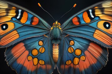 Sticker - A close-up view of a colorful butterfly with its wings spread wide, showcasing its intricate patterns and textures.