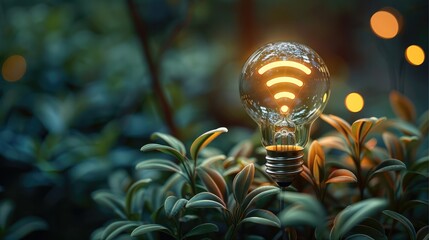 Aufkleber - A bright glowing white Wi-Fi symbol lies inside light bulb.green glass background. A lot of reflects. plant. Generative AI.