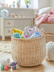 Aufkleber - The laundry basket overflows with colorful children’s clothes and plush toys, brightening the sunny room filled with soft decor. Generative AI